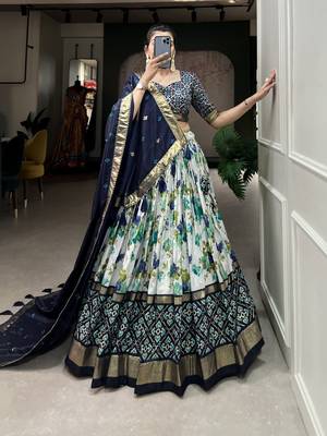 Women's Tussar Silk With Floral And Patola Print And Foil Work Lehenga Choli Set 6