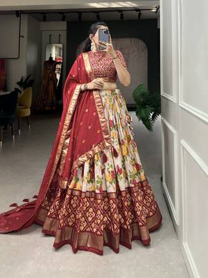 Women's Tussar Silk With Floral And Patola Print And Foil Work Lehenga Choli Set 1