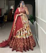 Women's Tussar Silk With Floral And Patola Print And Foil Work Lehenga Choli Set