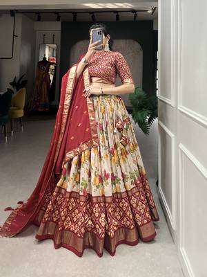 Women's Tussar Silk With Floral And Patola Print And Foil Work Lehenga Choli Set 2