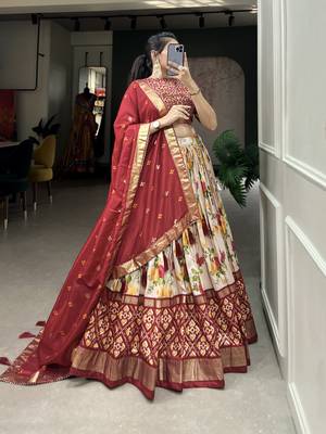 Women's Tussar Silk With Floral And Patola Print And Foil Work Lehenga Choli Set 3