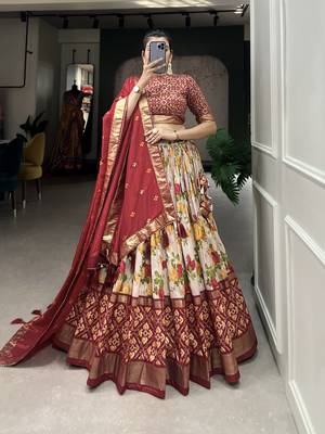 Women's Tussar Silk With Floral And Patola Print And Foil Work Lehenga Choli Set 4