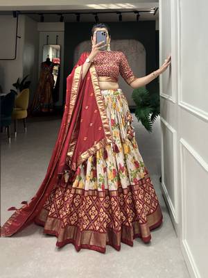 Women's Tussar Silk With Floral And Patola Print And Foil Work Lehenga Choli Set 5