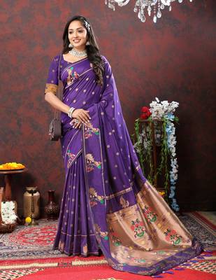 BLUE SOFT PETHANI SILK COPPER ZARI WEAWING MOTIFS AND RICH ZARI SAREE WITH BLOUSE FOR WOMEN 3