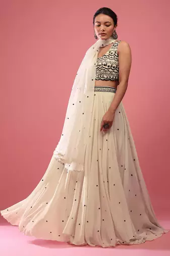 Offwhite Sequience Embroidery Work Georgette Fabric Flared Lehenga Choli With Dupatta.