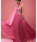 Pink Sequience Embroidery Work Faux Georgette Fabric Flared Lehenga Choli With Dupatta.