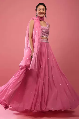 Pink Sequience Embroidery Work Faux Georgette Fabric Flared Lehenga Choli With Dupatta.