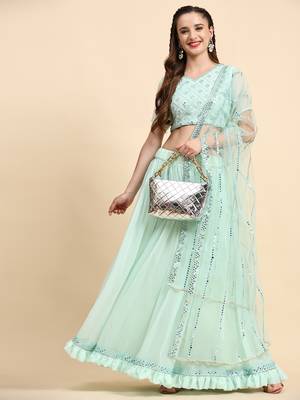 LightGreen Sequins Embroidery Work Faux Georgette Fabric Solid Lehenga Choli With Dupatta. 1