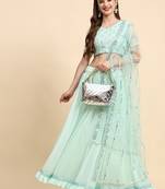 LightGreen Sequins Embroidery Work Faux Georgette Fabric Solid Lehenga Choli With Dupatta.