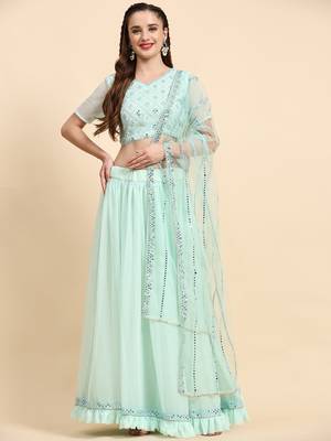 LightGreen Sequins Embroidery Work Faux Georgette Fabric Solid Lehenga Choli With Dupatta. 2