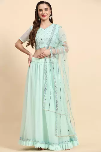 LightGreen Sequins Embroidery Work Faux Georgette Fabric Solid Lehenga Choli With Dupatta.
