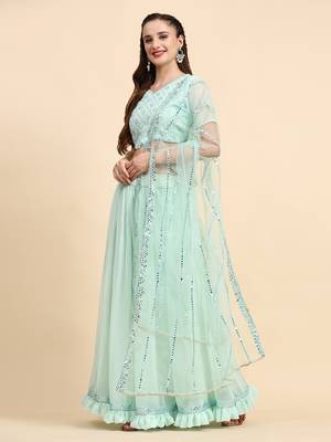 LightGreen Sequins Embroidery Work Faux Georgette Fabric Solid Lehenga Choli With Dupatta. 3
