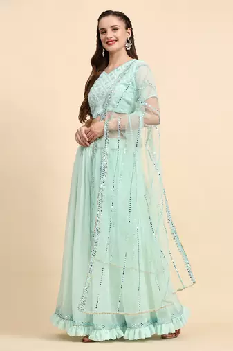 LightGreen Sequins Embroidery Work Faux Georgette Fabric Solid Lehenga Choli With Dupatta.