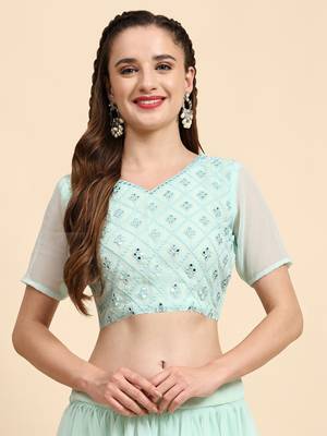 LightGreen Sequins Embroidery Work Faux Georgette Fabric Solid Lehenga Choli With Dupatta. 4