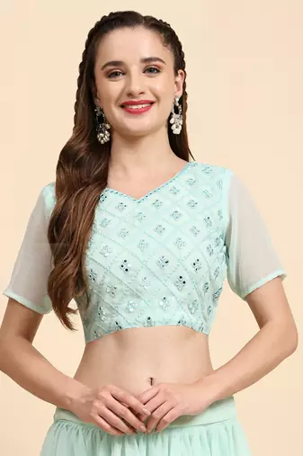 LightGreen Sequins Embroidery Work Faux Georgette Fabric Solid Lehenga Choli With Dupatta.