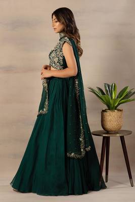 Green Embroidered Work Faux Georgette Fabric Flared Lehenga Choli With Dupatta. 4