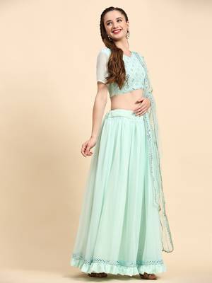 LightGreen Sequins Embroidery Work Faux Georgette Fabric Solid Lehenga Choli With Dupatta. 5