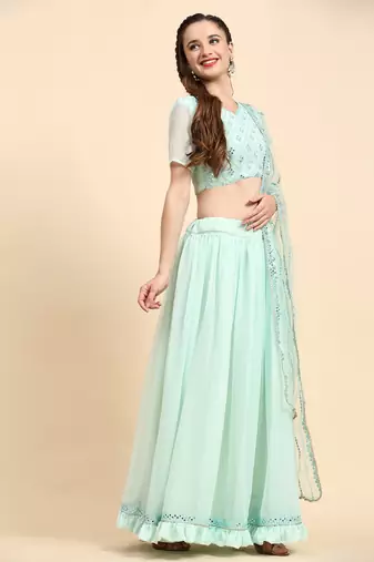 LightGreen Sequins Embroidery Work Faux Georgette Fabric Solid Lehenga Choli With Dupatta.