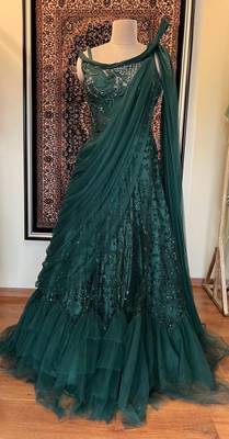 Draped saree look green gown with shimmers and embroidery 3