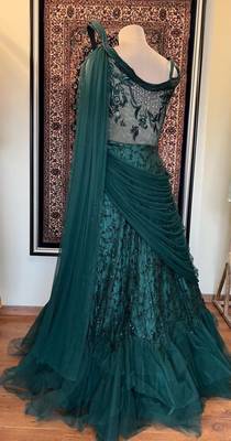 Draped saree look green gown with shimmers and embroidery 4