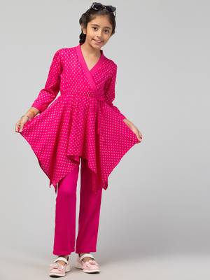 Two Pieces Set- Slim Fit Pant And Long Printed Asymmetrical Top In Rayon Fabric 1