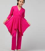 Two Pieces Set- Slim Fit Pant And Long Printed Asymmetrical Top In Rayon Fabric