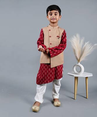 Red printed kurta jacket set 1