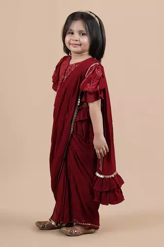 Maroon pre draped saree set