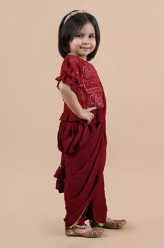 Maroon pre draped saree set