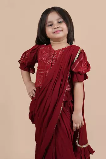 Maroon pre draped saree set
