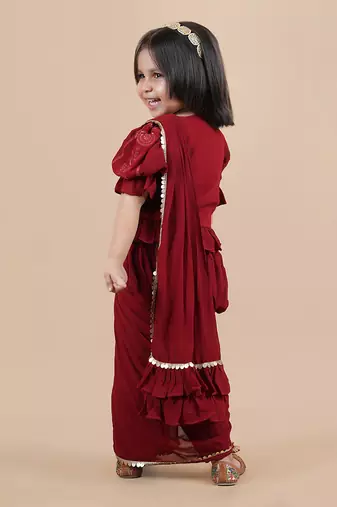 Maroon pre draped saree set