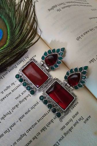 Silver toned red stone dangler earring