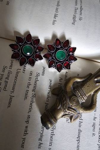 German silver red stone flower earring