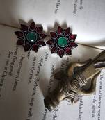 German silver red stone flower earring