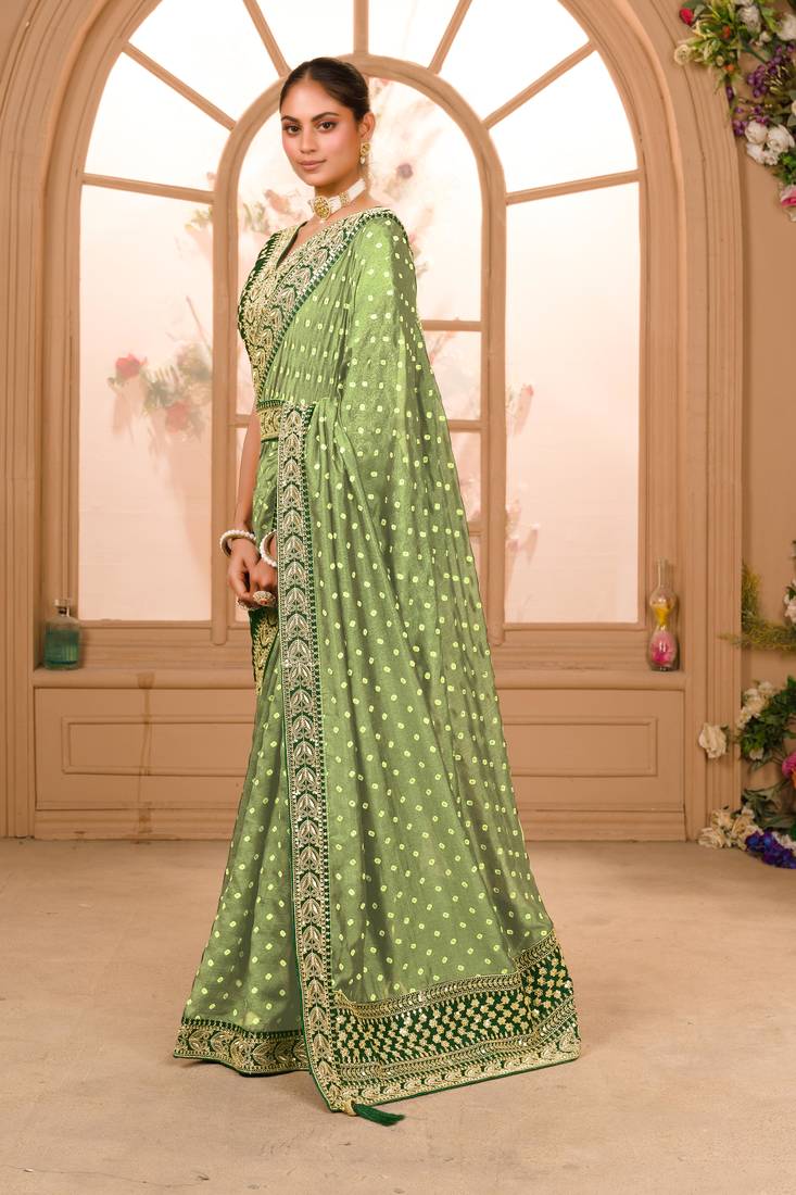 Bandhani Print Chinon Fabric Saree With Heavy Zari Embroidery Sequins Work Border Lace Work With Waist Belt