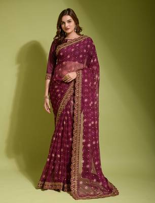Alluring Women's Floral Printed  Georgette Saree with Heavy Zari Embroidery Sequins Work Lace and Blouse 1