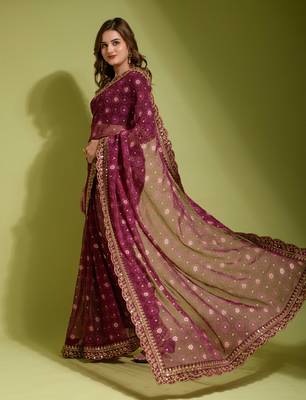 Alluring Women's Floral Printed  Georgette Saree with Heavy Zari Embroidery Sequins Work Lace and Blouse 2