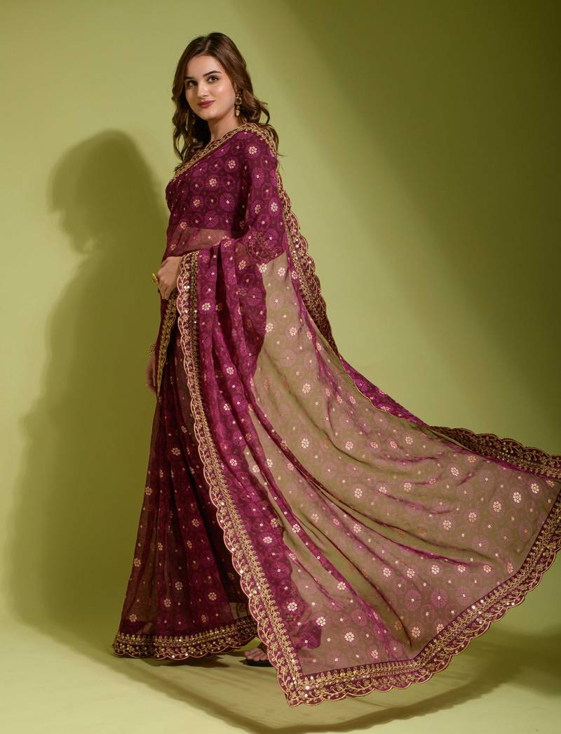 Alluring Women's Floral Printed  Georgette Saree with Heavy Zari Embroidery Sequins Work Lace and Blouse