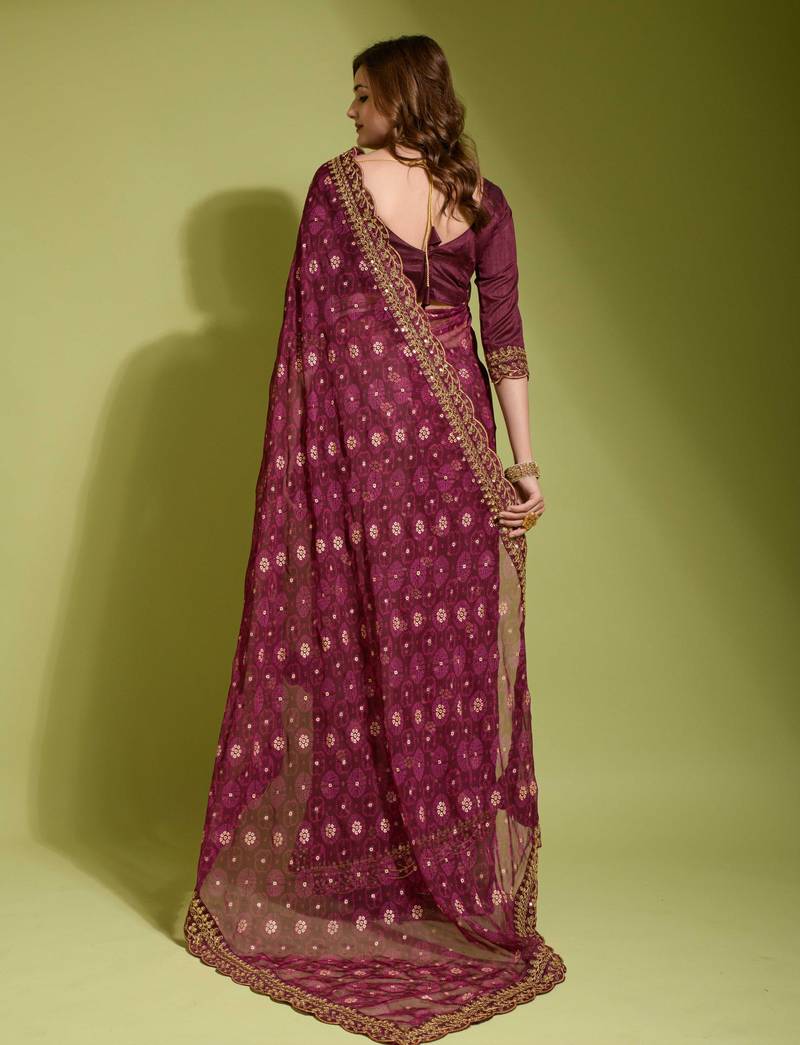 Alluring Women's Floral Printed  Georgette Saree with Heavy Zari Embroidery Sequins Work Lace and Blouse