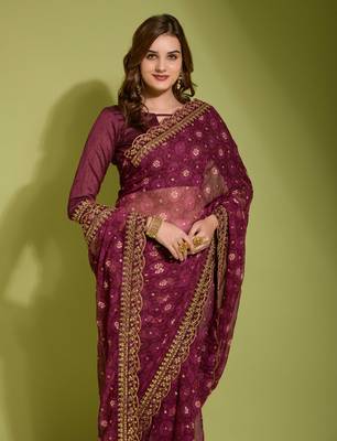 Alluring Women's Floral Printed  Georgette Saree with Heavy Zari Embroidery Sequins Work Lace and Blouse 4