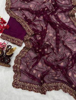 Alluring Women's Floral Printed  Georgette Saree with Heavy Zari Embroidery Sequins Work Lace and Blouse 5