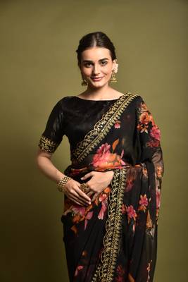 Alluring Women's Floral Printed  Georgette Saree with Heavy Zari Embroidery Sequins Work Lace and Blouse 3