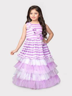Betty lilac colored flower patch worked polyester gown for girls 1