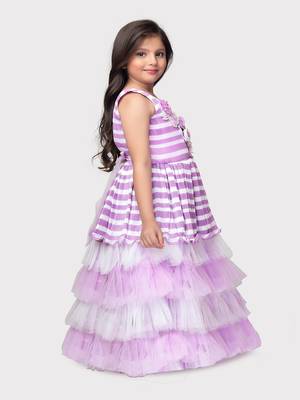 Betty lilac colored flower patch worked polyester gown for girls 2