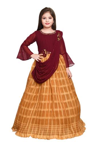 Betty mustard colored beads worked polyester gown for girls