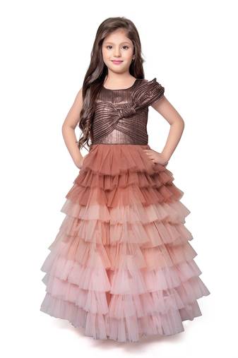 Betty rust colored solid georgette net gown for girls