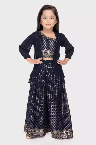 Tiny kingdom blue colored sequins georgette palazzo set for girls
