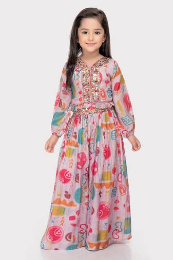 Tiny kingdom purple colored embroidered and printed georgette palazzo set for girls