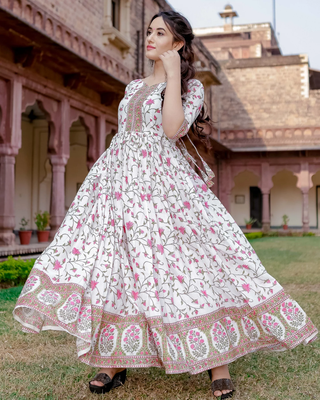 White Mughal Floral Print Kurta Dress 2