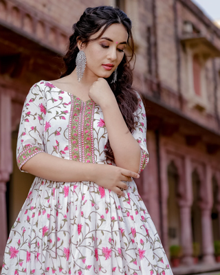 White Mughal Floral Print Kurta Dress 3